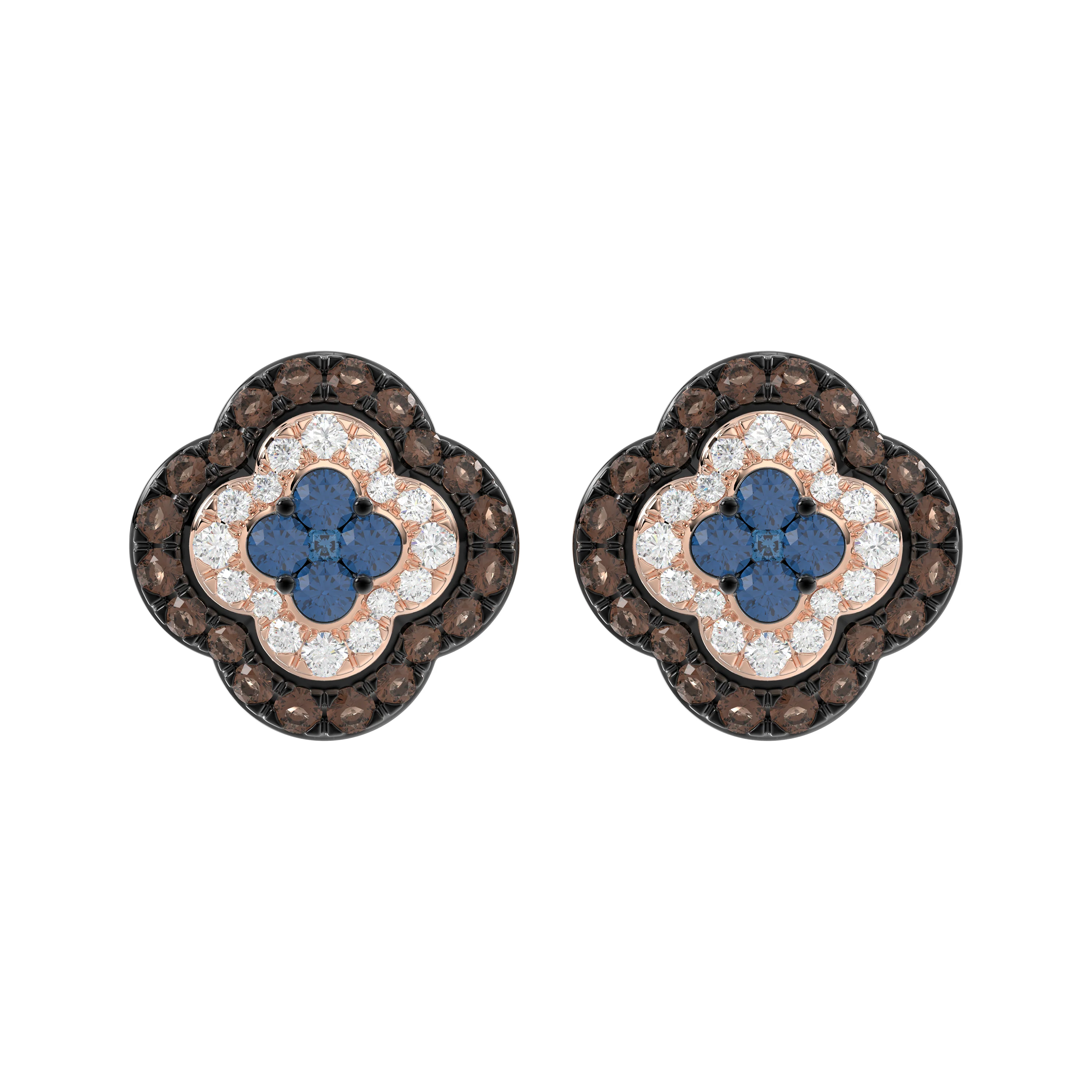 14K Rose Gold 1.00CT Round Blue & Dark Brown Diamond Fancy Earrings For Women