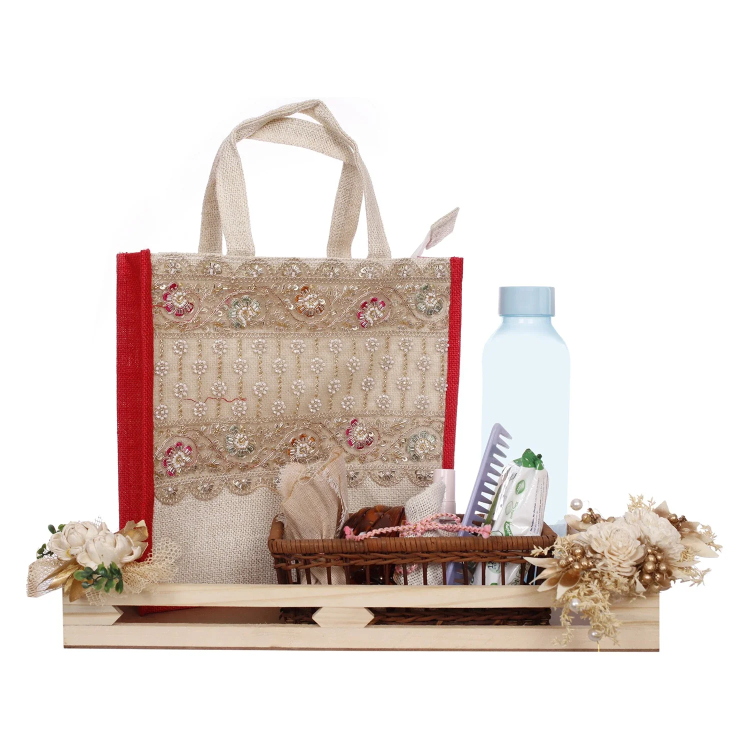Natural Jute Tote Bag – Burlap Tote with Red Gusset, Zipper & Lace (Pack of 2) - Image 3