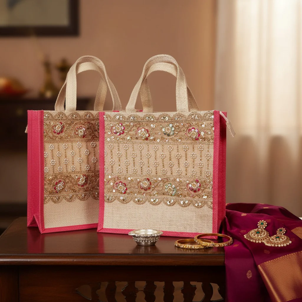 Reusable Jute Tote Bags – Natural Burlap with Pink Gusset, Zipper & Lace Trim (Pack of 2) - Image 3