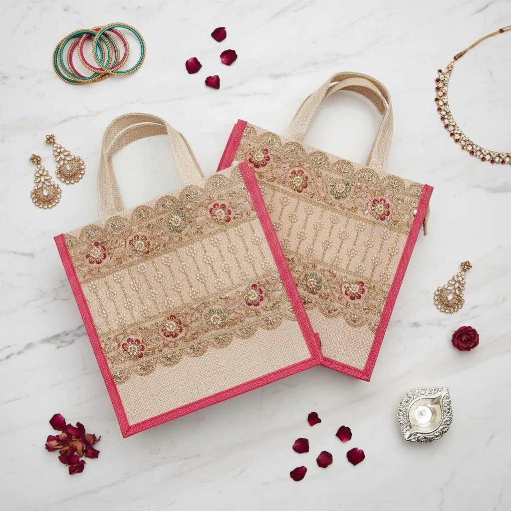 Reusable Jute Tote Bags – Natural Burlap with Pink Gusset, Zipper & Lace Trim (Pack of 2) - Image 4