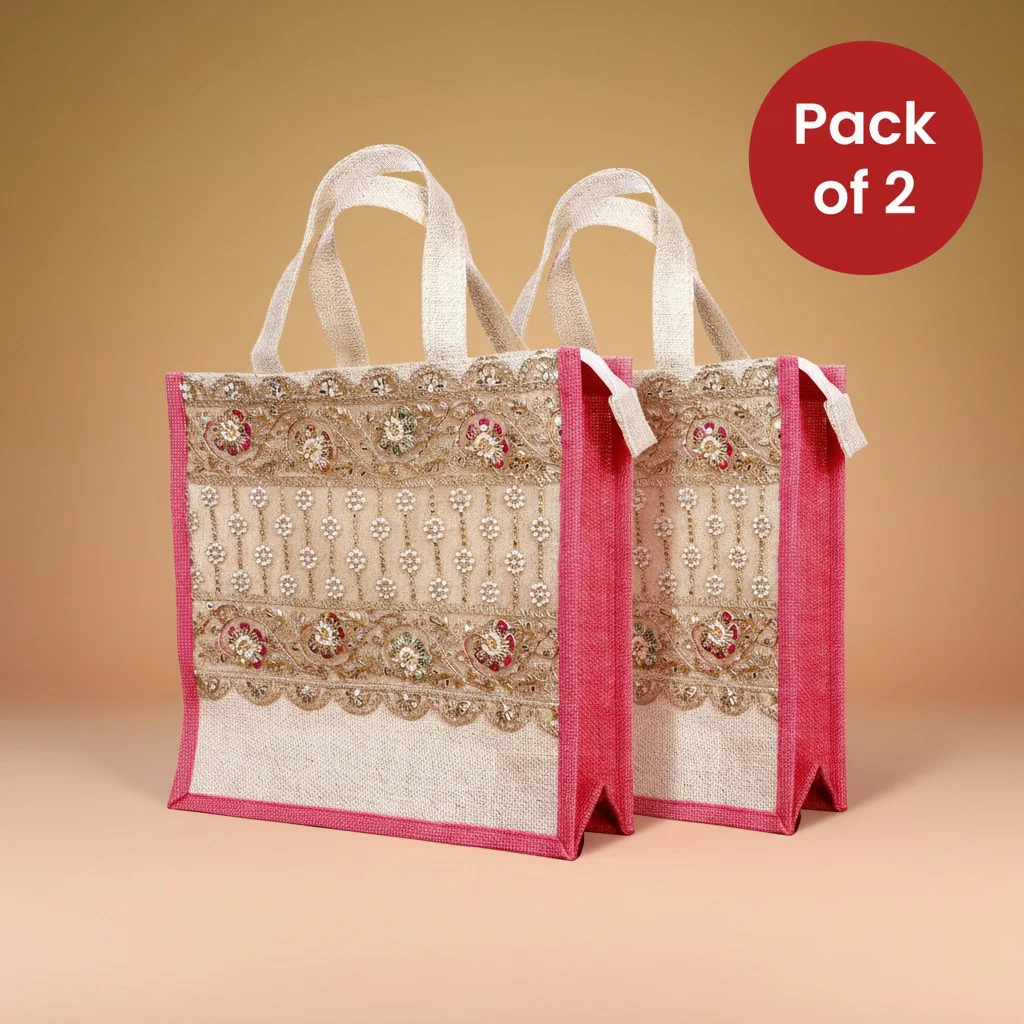 Reusable Jute Tote Bags – Natural Burlap with Pink Gusset, Zipper & Lace Trim (Pack of 2) - Image 5